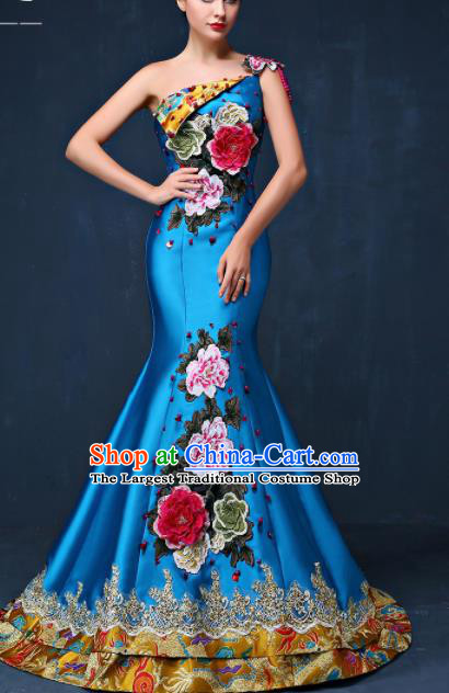 Chinese Traditional Compere Blue Full Dress Embroidered Peony Cheongsam Chorus Costume for Women