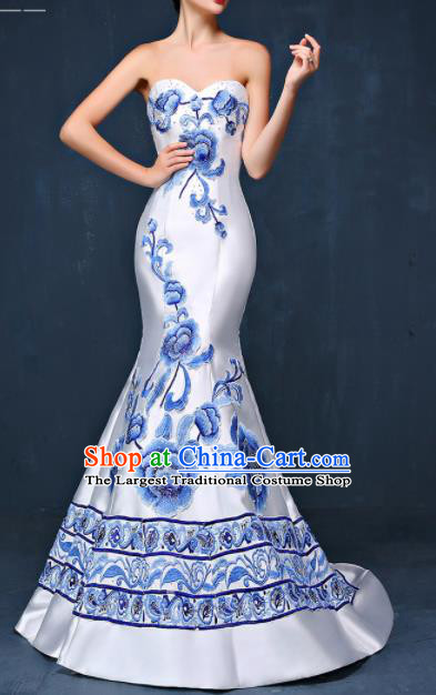Chinese Traditional Compere White Full Dress Embroidered Peony Cheongsam Chorus Costume for Women