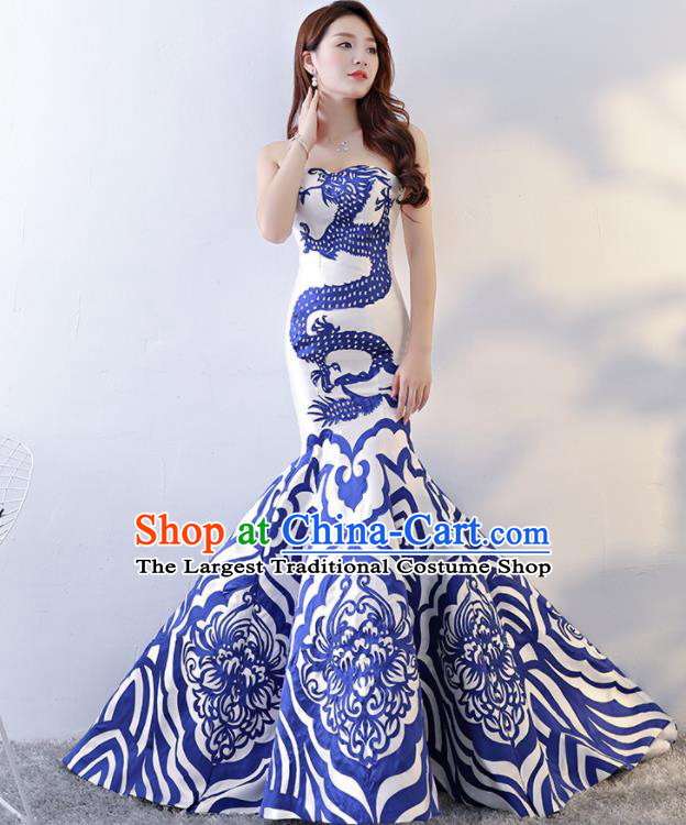 Chinese Traditional Qipao Dress Printing Dragon Trailing Cheongsam Compere Costume for Women