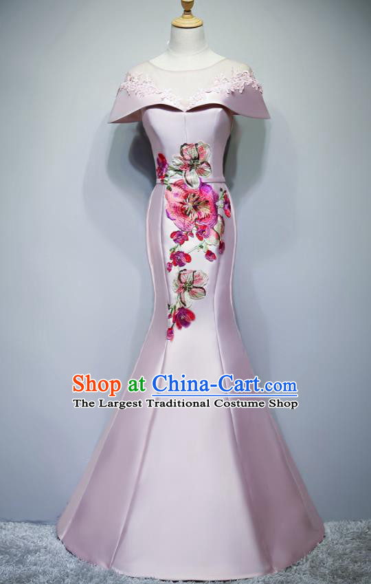 Chinese Traditional Embroidered Pink Full Dress Compere Chorus Costume for Women
