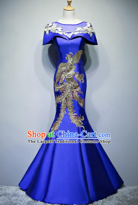 Chinese Traditional Embroidered Phoenix Royalblue Full Dress Compere Chorus Costume for Women