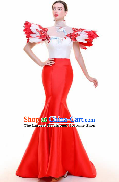 Top Grade Catwalks Feather Red Trailing Full Dress Compere Chorus Costume for Women