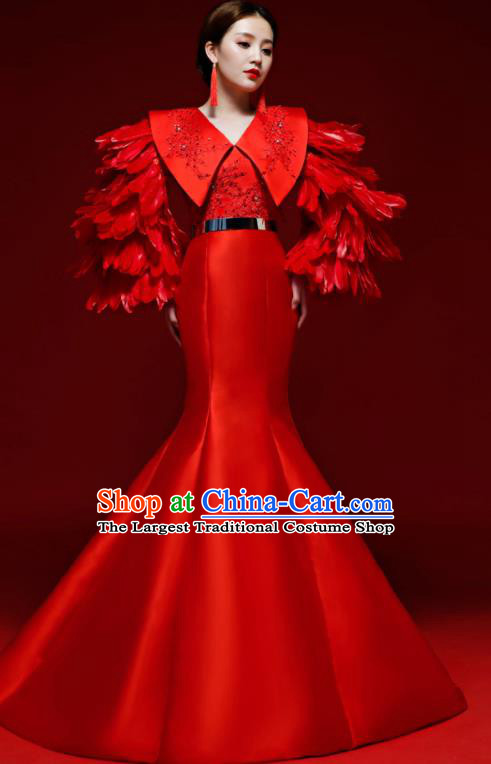 Top Grade Wedding Red Feather Mermaid Full Dress Compere Chorus Costume for Women