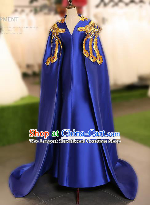 Chinese Traditional Embroidered Phoenix Cloak Blue Full Dress Compere Chorus Costume for Women