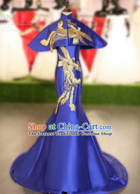 Chinese Traditional Embroidered Phoenix Royalblue Full Dress Compere Chorus Costume for Women