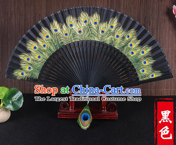 Chinese Traditional Craft Printing Peacock Feather Black Folding Fans