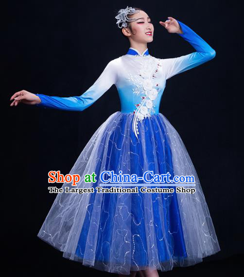 Chinese Traditional Umbrella Dance Blue Dress Classical Dance Costume for Women