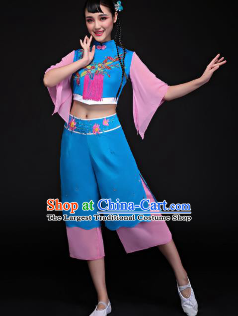 Chinese Traditional Folk Dance Yangko Blue Clothing Classical Umbrella Dance Costume for Women