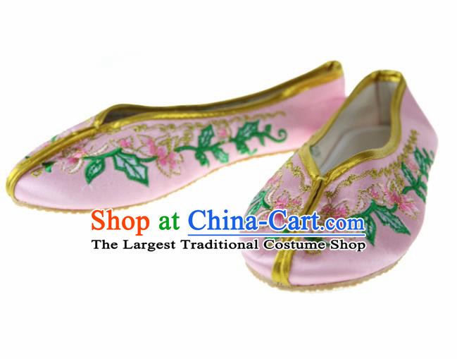 Asian Chinese Ancient Pink Satin Hanfu Shoes Traditional Embroidered Shoes for Kids
