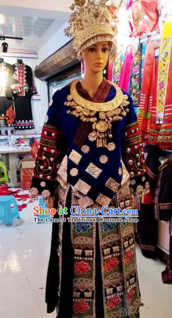 Chinese Traditional Miao Nationality Blue Dress Embroidered Costumes for Women