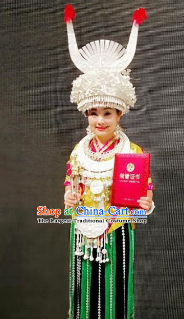 Chinese Traditional Miao Nationality Dance Dress Embroidered Wedding Costumes and Headpiece for Women