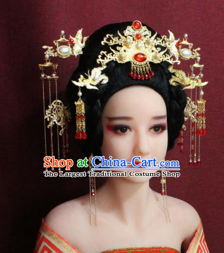 Chinese Ancient Princess Hair Accessories Palace Lady Red Crystal Phoenix Coronet Hairpins for Women