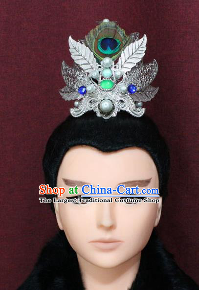 Chinese Traditional Swordsman Feather Hair Accessories Ancient Han Dynasty Prince Hairdo Crown for Men