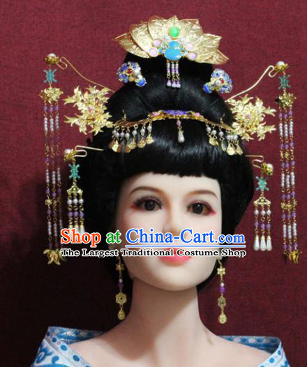 Chinese Traditional Handmade Hair Accessories Ancient Queen Lotus Coronet Hairpins for Women