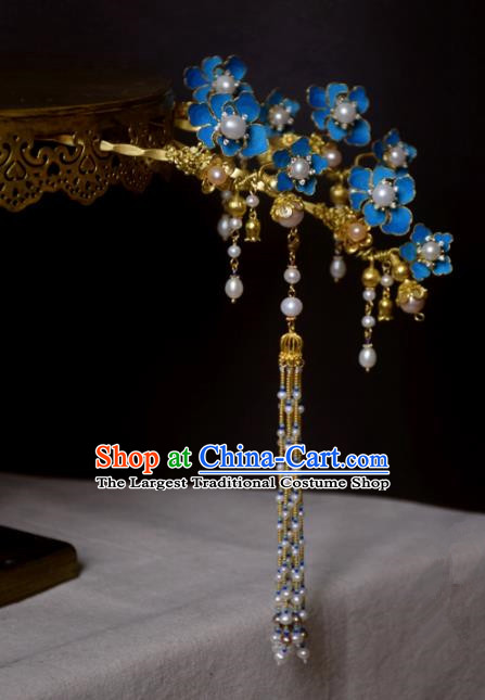 Chinese Handmade Princess Hanfu Blue Flowers Hair Clip Hairpins Ancient Hair Accessories for Women