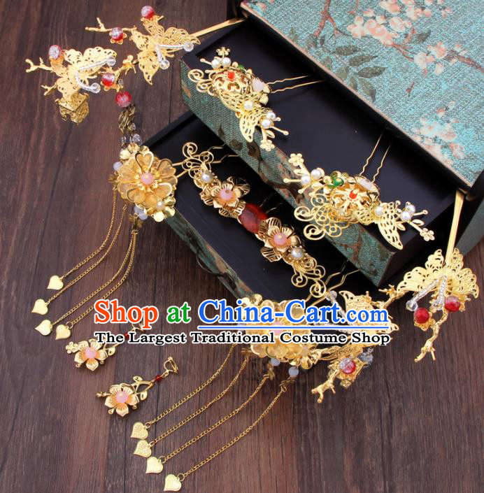 Chinese Ancient Bride Hair Accessories XiuHe Suit Tassel Golden Hair Clips Hanfu Handmade Hairpins for Women