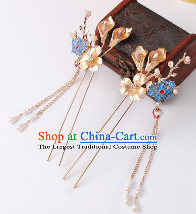 Chinese Ancient Bride Cloisonne Lotus Hair Clip XiuHe Suit Hair Accessories Hanfu Handmade Hairpins for Women