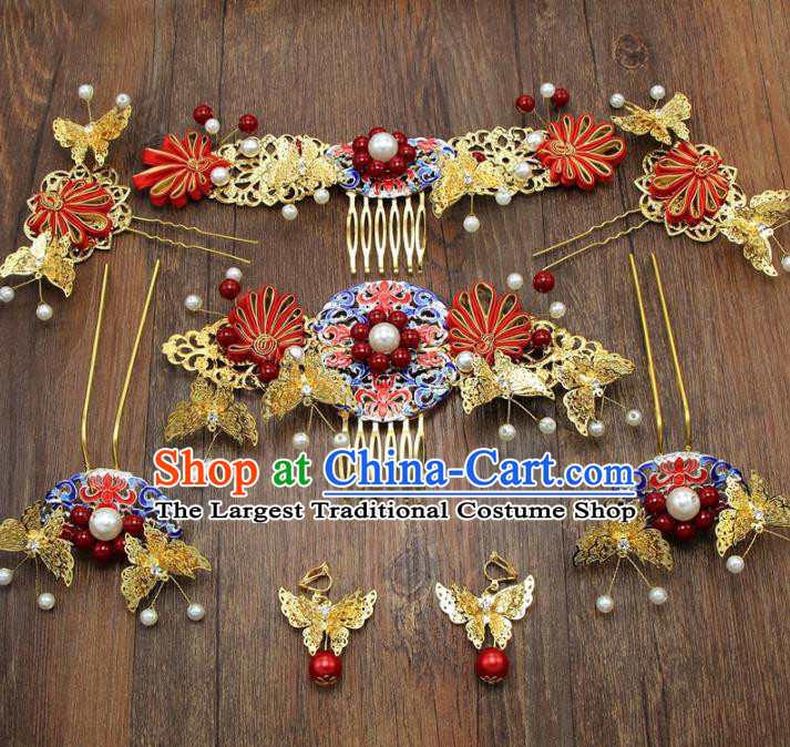 Chinese Ancient XiuHe Suit Cloisonne Hair Combs Hair Accessories Bride Handmade Hairpins Complete Set for Women