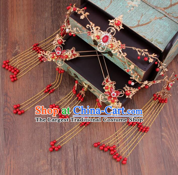 Chinese Ancient Bride Hair Clasp XiuHe Suit Hair Accessories Complete Set Hanfu Handmade Hairpins for Women