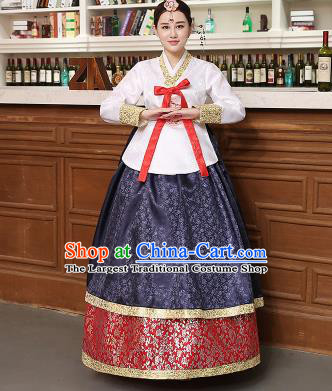 Korean Traditional Costumes Asian Korean Hanbok Palace Bride Embroidered White Blouse and Navy Skirt for Women