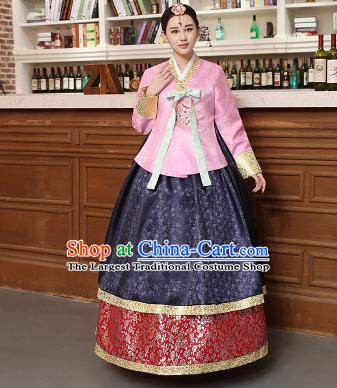 Korean Traditional Costumes Asian Korean Hanbok Palace Bride Embroidered Pink Blouse and Navy Skirt for Women