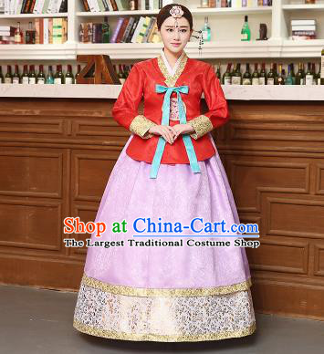 Korean Traditional Costumes Asian Korean Hanbok Palace Bride Embroidered Red Blouse and Lilac Skirt for Women