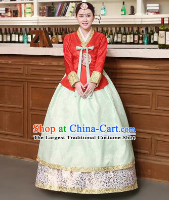 Korean Traditional Costumes Asian Korean Hanbok Palace Bride Embroidered Red Blouse and Green Skirt for Women
