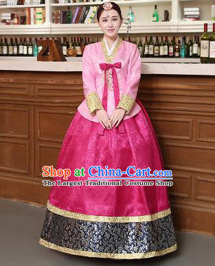 Korean Traditional Costumes Asian Korean Hanbok Palace Bride Embroidered Pink Blouse and Rosy Skirt for Women