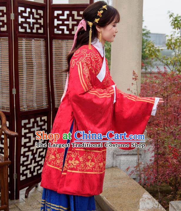 Traditional Chinese Ancient Ming Dynasty Palace Princess Costumes Red Cloak and Blue Skirt for Women