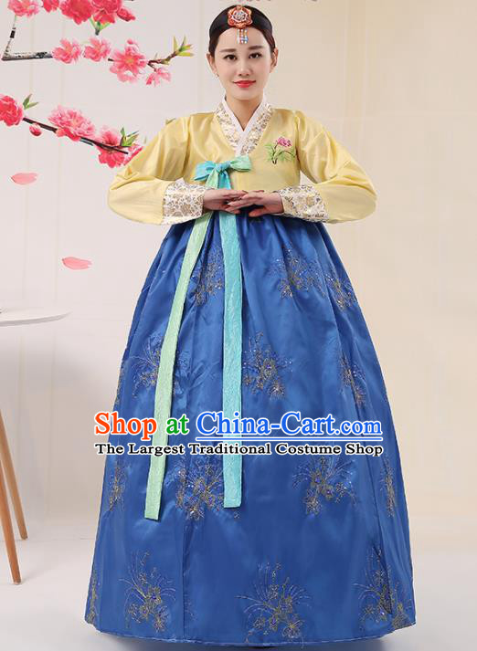Korean Traditional Palace Costumes Asian Korean Hanbok Bride Embroidered Yellow Blouse and Blue Skirt for Women