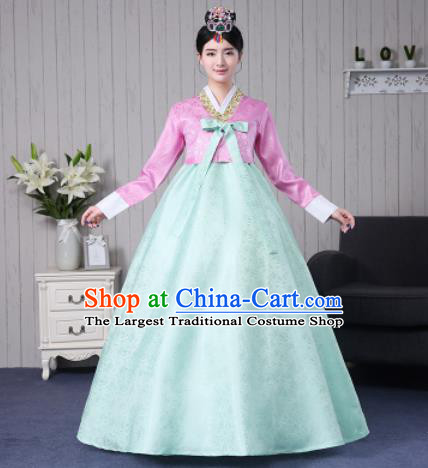 Traditional Korean Palace Costumes Asian Korean Hanbok Bride Pink Blouse and Green Skirt for Women