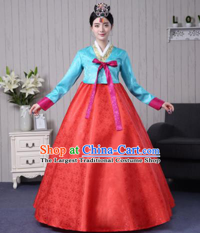 Traditional Korean Palace Costumes Asian Korean Hanbok Blue Blouse and Red Skirt for Women