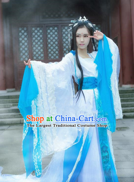 Chinese Ancient Cosplay Peri Swordswoman Blue Hanfu Dress Traditional Han Dynasty Princess Costume for Women