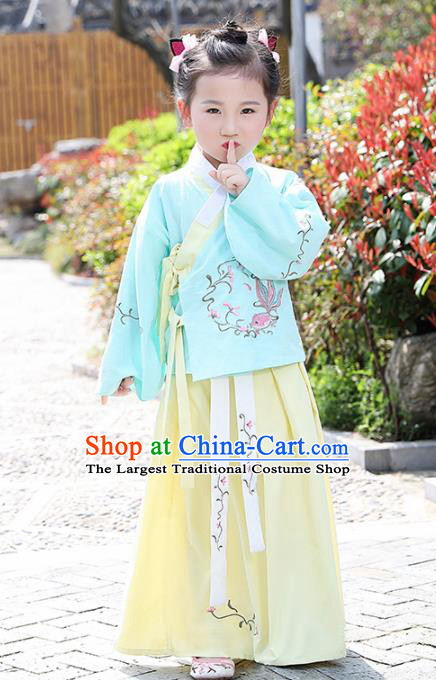 Traditional Chinese Ancient Ming Dynasty Costumes Blue Blouse and Yellow Skirt for Kids
