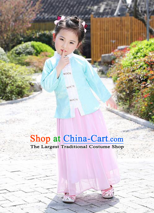 Chinese Ancient Ming Dynasty Costumes Traditional Green Blouse and Pink Skirt for Kids
