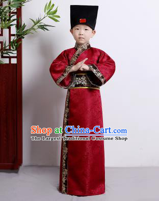 Chinese Ancient Scholar Costumes Traditional Red Robe for Kids