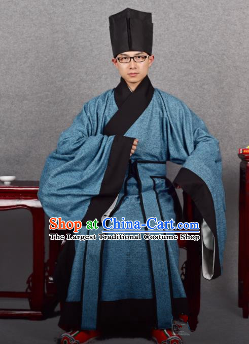 Chinese Ancient Taoist Blue Robe Traditional Ming Dynasty Minister Costume for Men