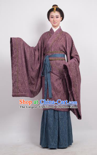Traditional Chinese Han Dynasty Countess Amaranth Curving-Front Robe Ancient Palace Lady Costume for Women