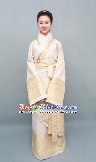 Traditional Chinese Han Dynasty Maidenform Beige Curving-Front Robe Ancient Marquise Costume for Women