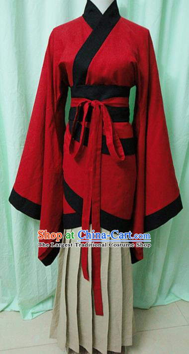 Traditional Chinese Han Dynasty Red Curving-Front Robe Ancient Princess Fairy Costume for Women