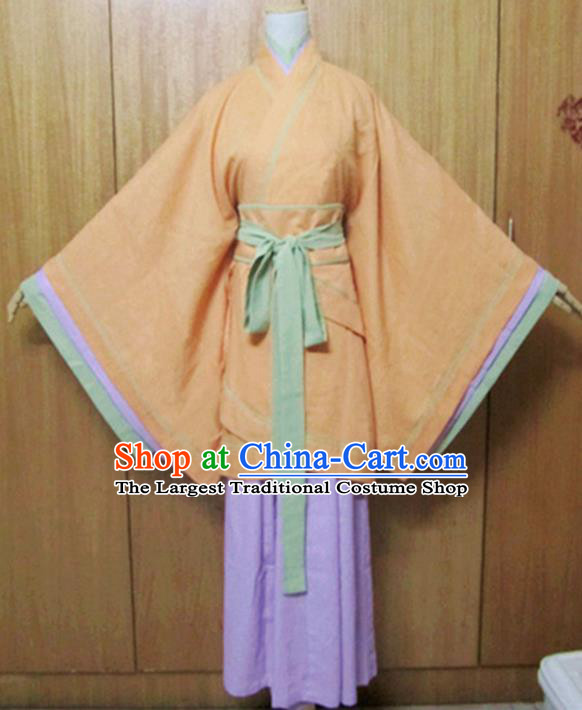 Traditional Chinese Han Dynasty Maidenform Orange Curving-Front Robe Ancient Princess Costume for Women