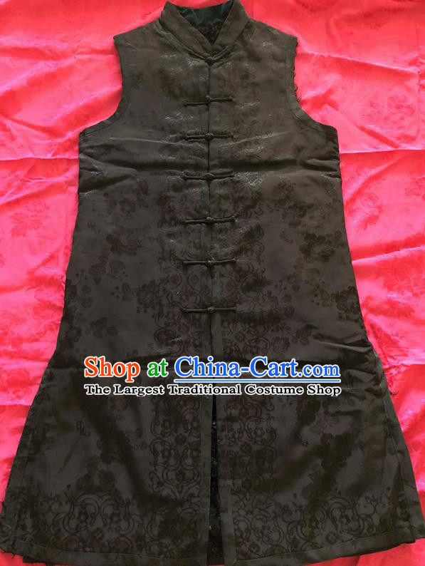 Traditional Chinese Handmade Costume Tang Suit Waistcoat Embroidered Black Brocade Long Vest for Women