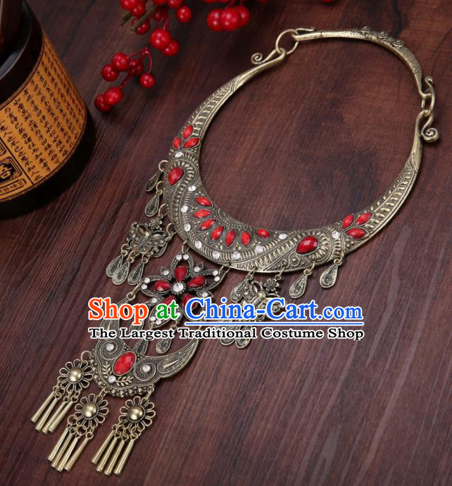 Chinese Traditional Jewelry Accessories Miao Minority Tassel Red Necklace for Women