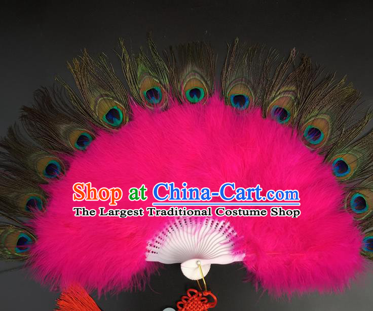 Traditional Chinese Crafts Peacock Feather Folding Fan China Folk Dance Rosy Feather Fans