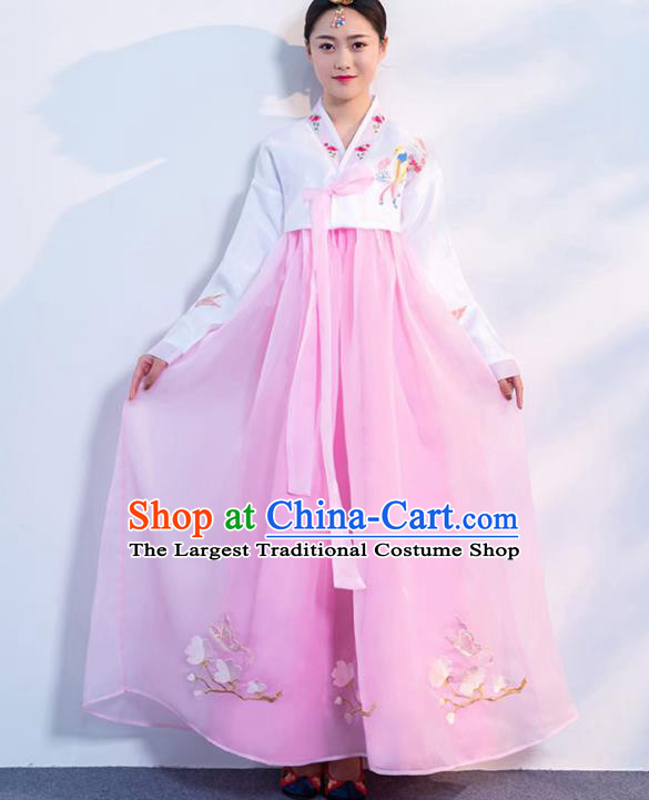 Top Grade Korean Traditional Costumes Asian Korean Hanbok Bride White Blouse and Pink Skirt for Women