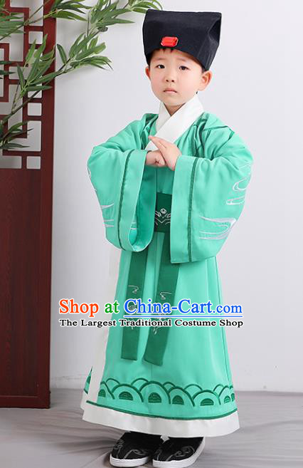 Chinese Han Dynasty Scholar Costume Ancient Green Hanfu Robe for Kids