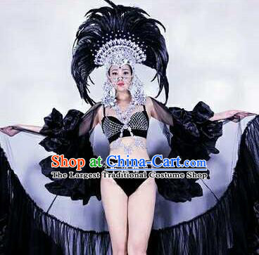 Professional Stage Performance Halloween Costume Brazilian Carnival Black Feather Clothing and Headwear for Women