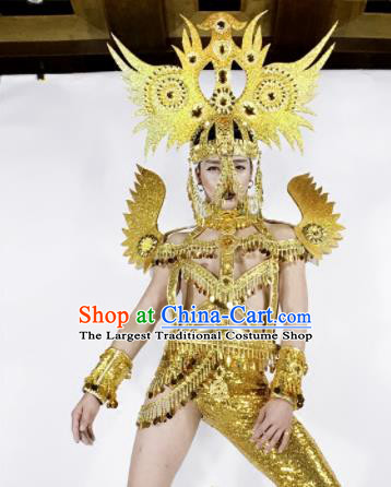 Professional Stage Performance Halloween Costume Brazilian Carnival Cosplay Golden Clothing and Headwear for Women
