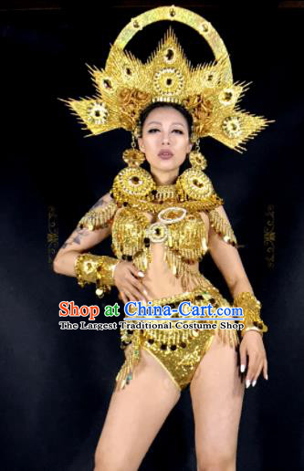 Professional Stage Performance Costume Halloween Golden Clothing and Headwear for Women