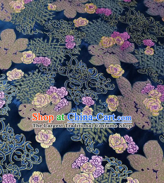 Chinese Traditional Silk Fabric Cheongsam Tang Suit Flowers Pattern Navy Brocade Cloth Drapery